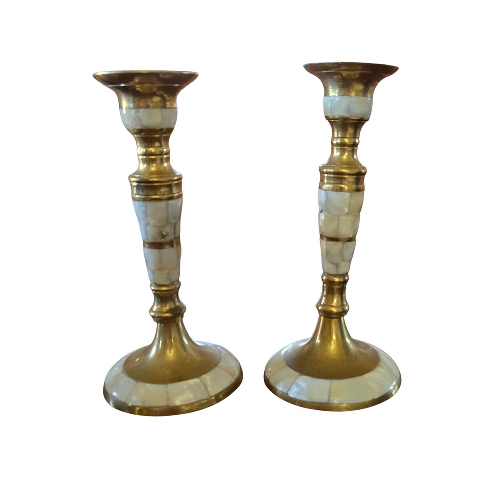 Vintage Boho Chic Pair Brass Mother of Pearl Inlay Candlestick Holders India 6"